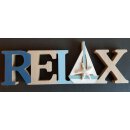 Deko-Schriftzug RELAX mit maritimer Dekoration | Maße (LxBxH) ca. 33 x 3 x 11 cm | Material: MDF-Holz | Farbe: naturfarben/blau/weiß