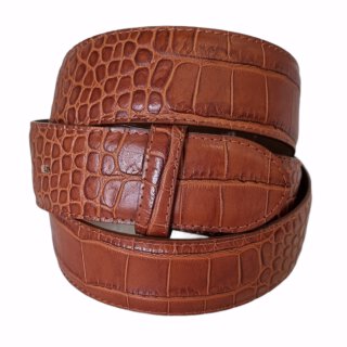 umjuBELT - Der Trendgürtel | Gürtel COLOMBO CROWN Rindleder im Kroko-Style geprägt, bombiert und abgesteppt, Breite 4 cm, Farbe: cognac/hellbraun