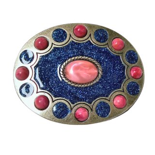 umjuBELT - Gürtelschließe Indian Pink Crystals, silberfarben matt mit Strassdekoration, oval, Farbe: pink/blau, Maße ca. 10 x 8 cm